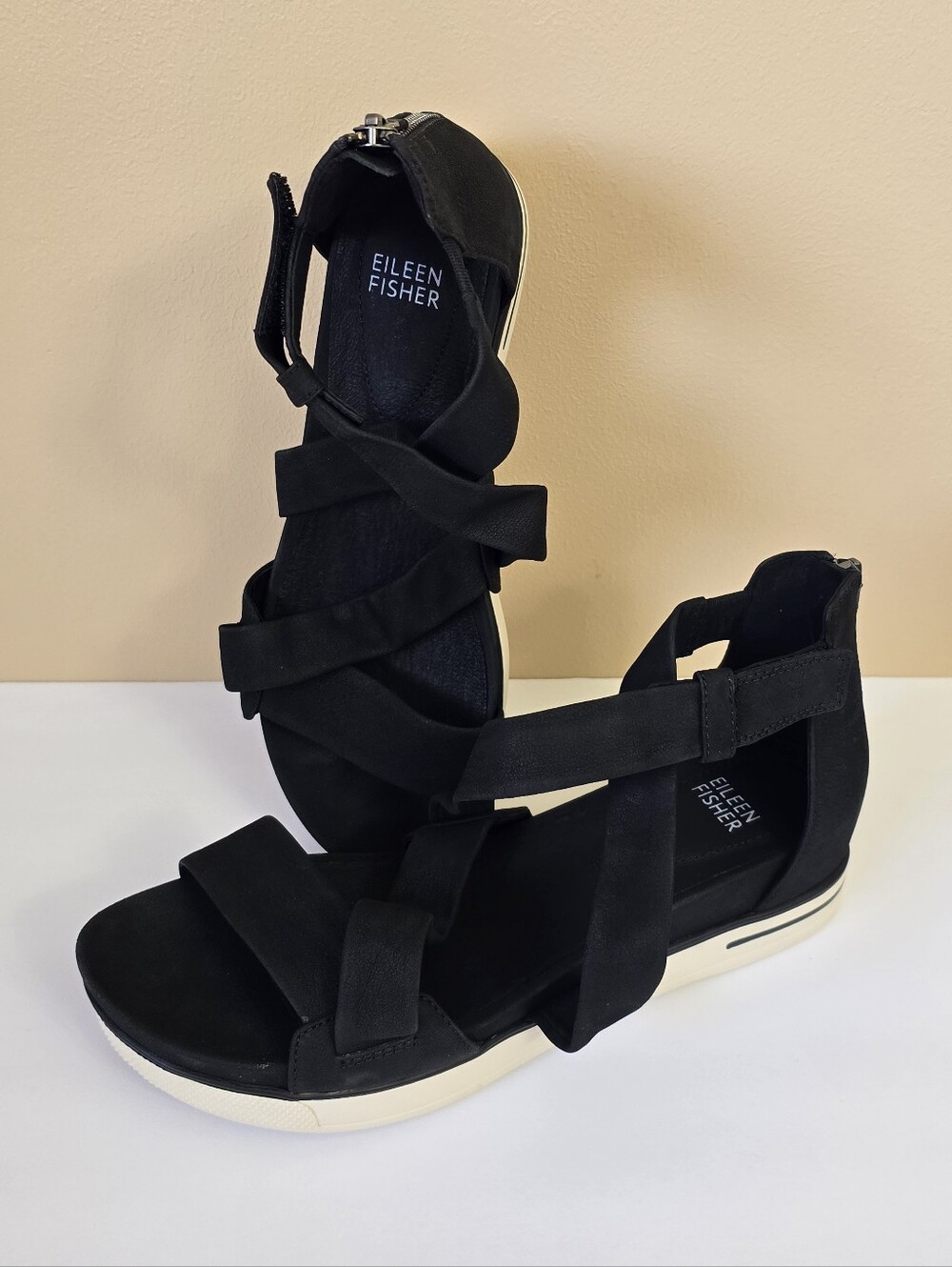 Eileen Fisher Women's Sally Sandal Size 8 Low Wedge Sporty Straps Black Nubuck